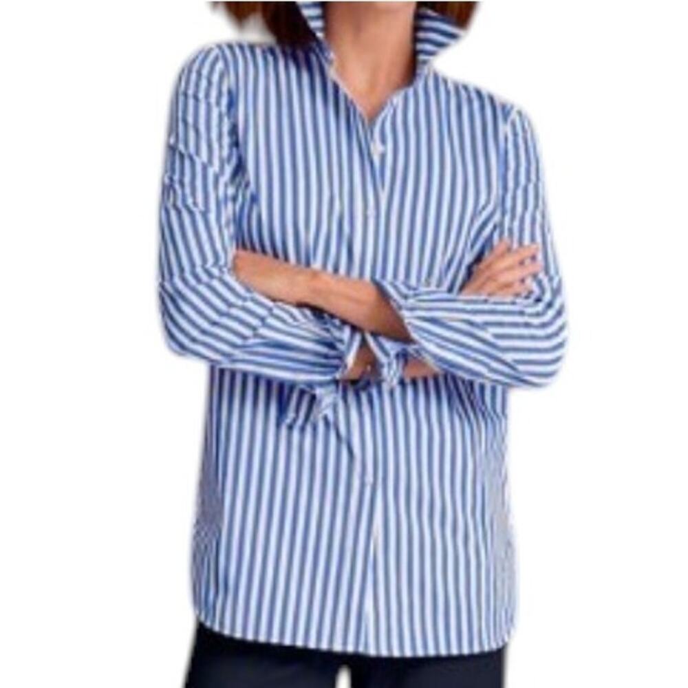 Talbots Women's Size M Side Button Boyfriend Shirt Long Cotton Blue White Stripe